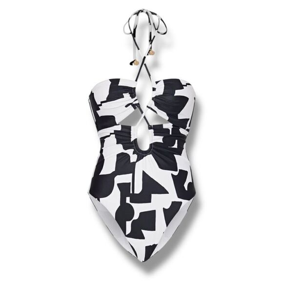 Milly Cabana Modern Geo Print Looped Cutout One-Piece Swimsuit Women’s Large - Picture 2 of 15